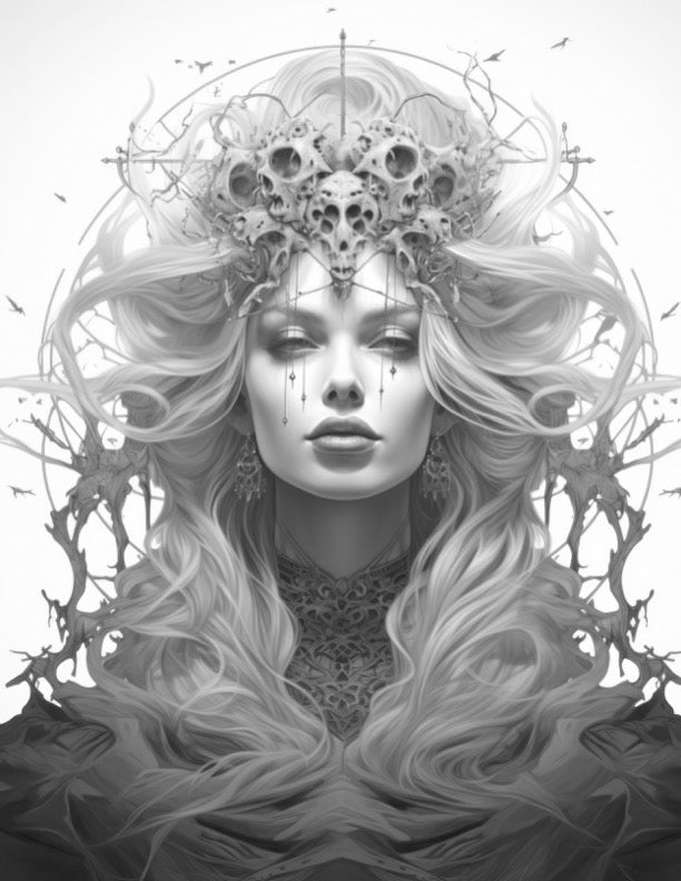 Darkness Into Light - Digital Grayscale Adult Coloring Pages | Deities and Magical Beings | Fantasy images - FREE Design 1