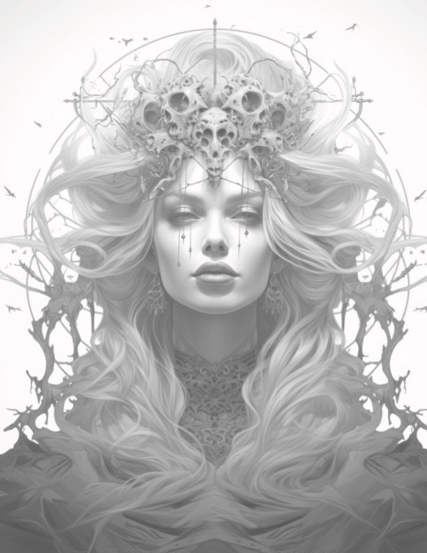 Darkness Into Light - Digital Grayscale Adult Coloring Pages | Deities and Magical Beings | Fantasy images - FREE Design 1
