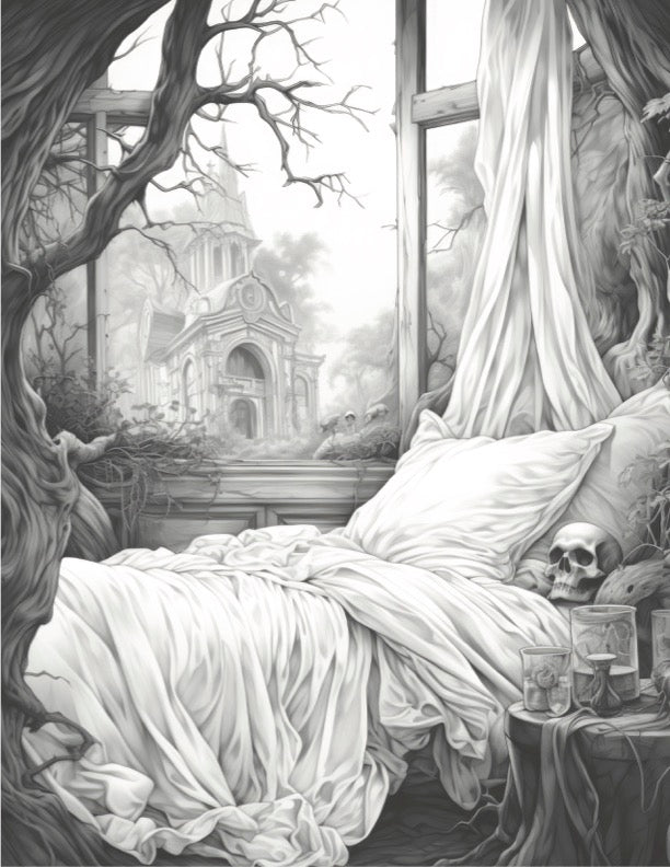 Victorian Nightmares - Digital Grayscale Coloring Book | Haunted Houses | Ghosts | Creepy Scary Images - FREE Design 1
