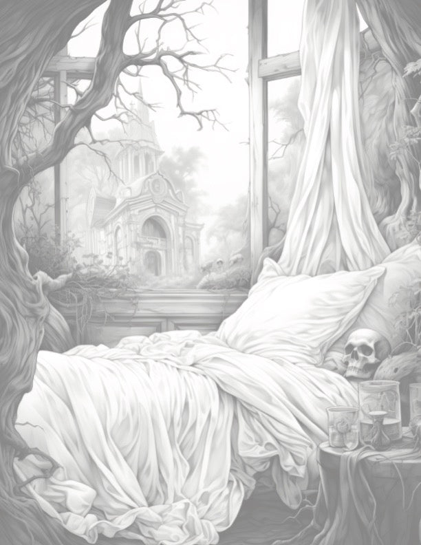 Victorian Nightmares - Digital Grayscale Coloring Book | Haunted Houses | Ghosts | Creepy Scary Images - FREE Design 1