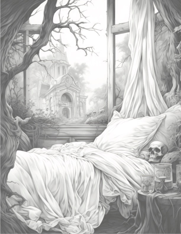 Victorian Nightmares - Digital Grayscale Coloring Book | Haunted Houses | Ghosts | Creepy Scary Images - FREE Design 1