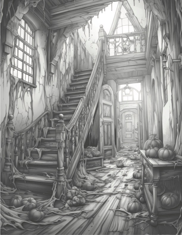 Victorian Nightmares - Digital Grayscale Coloring Book | Haunted Houses | Ghosts | Creepy Scary Images - FREE Design 2