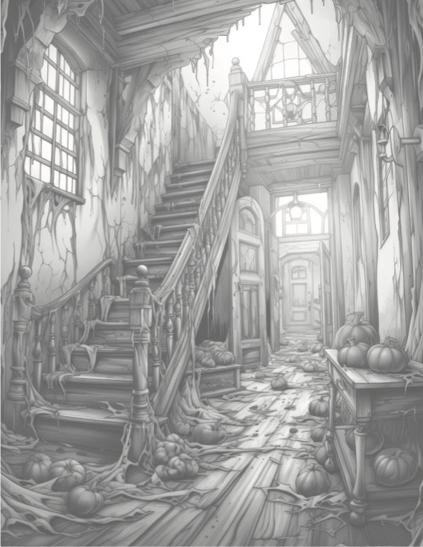 Victorian Nightmares - Digital Grayscale Coloring Book | Haunted Houses | Ghosts | Creepy Scary Images - FREE Design 2