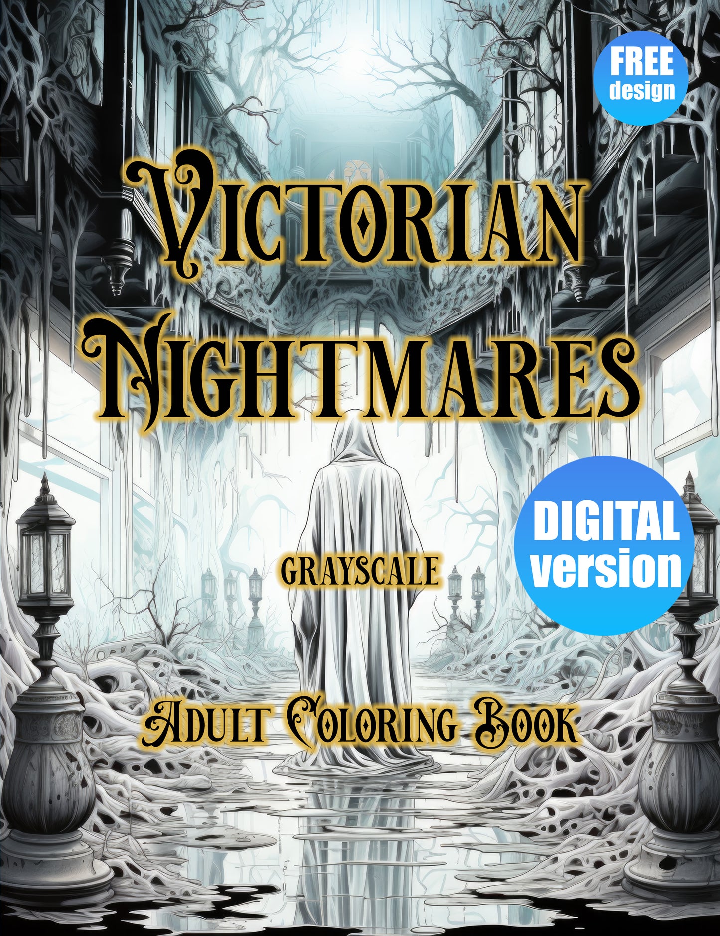 Victorian Nightmares - Digital Grayscale Coloring Book | Haunted Houses | Ghosts | Creepy Scary Images - FREE Design 2