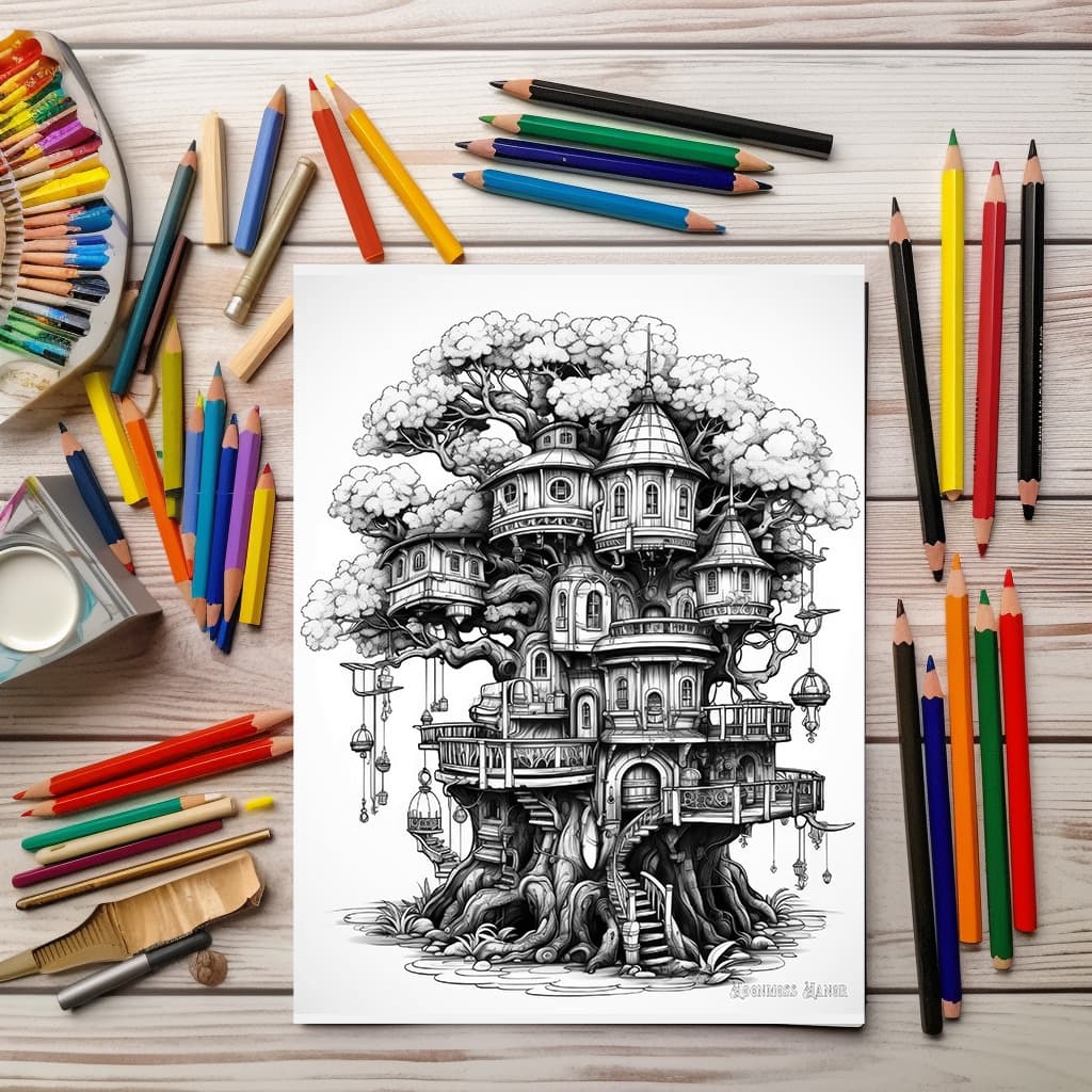 TimberSpire Vol 1 - Digital Grayscale Adult Coloring Book | Magical Treehouse Adventure | 30 Fantasy images