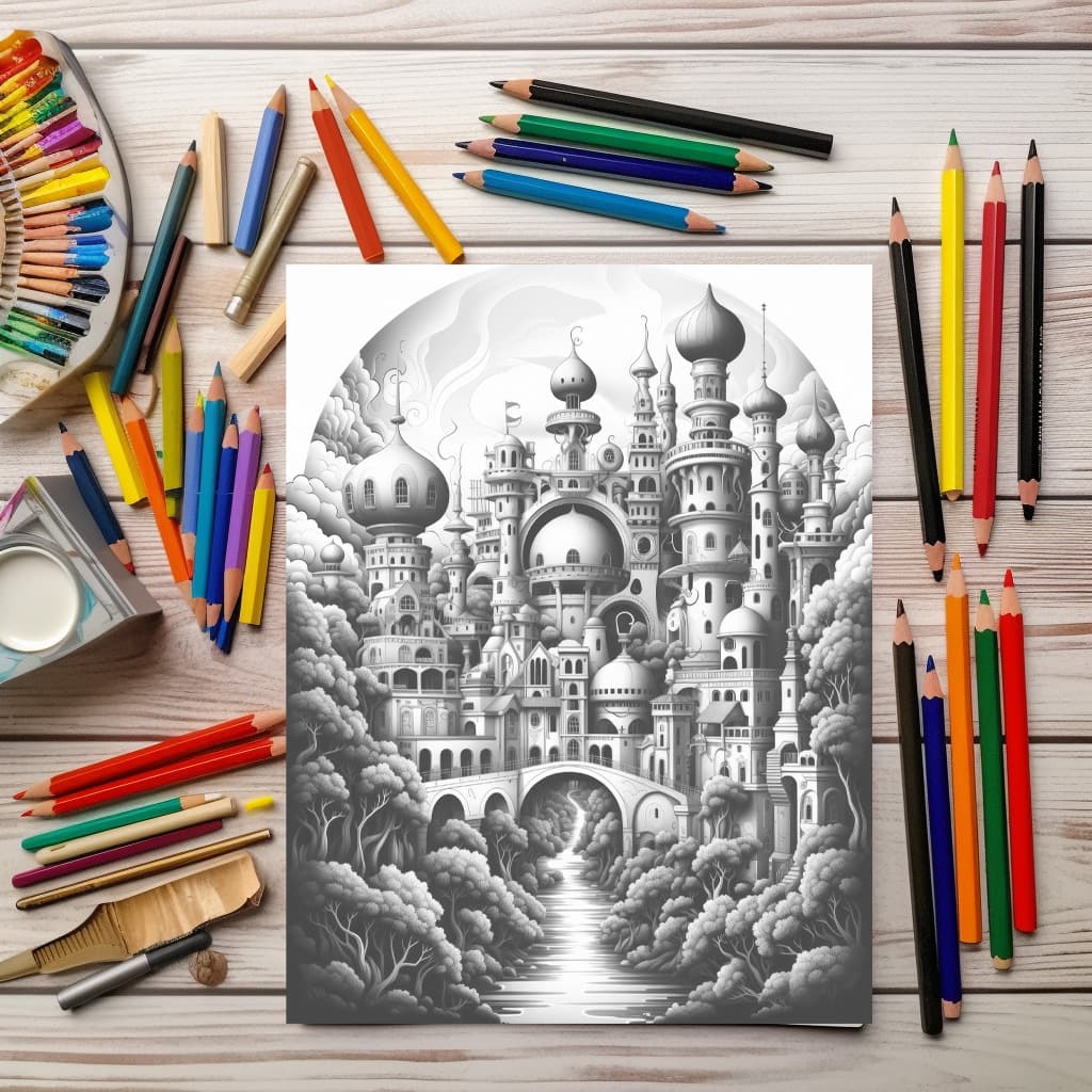 Kingdoms of Wonder Vol 1 | Digital Grayscale Adult Coloring Book | Magical Palace Cities | 30 Fantasy Images
