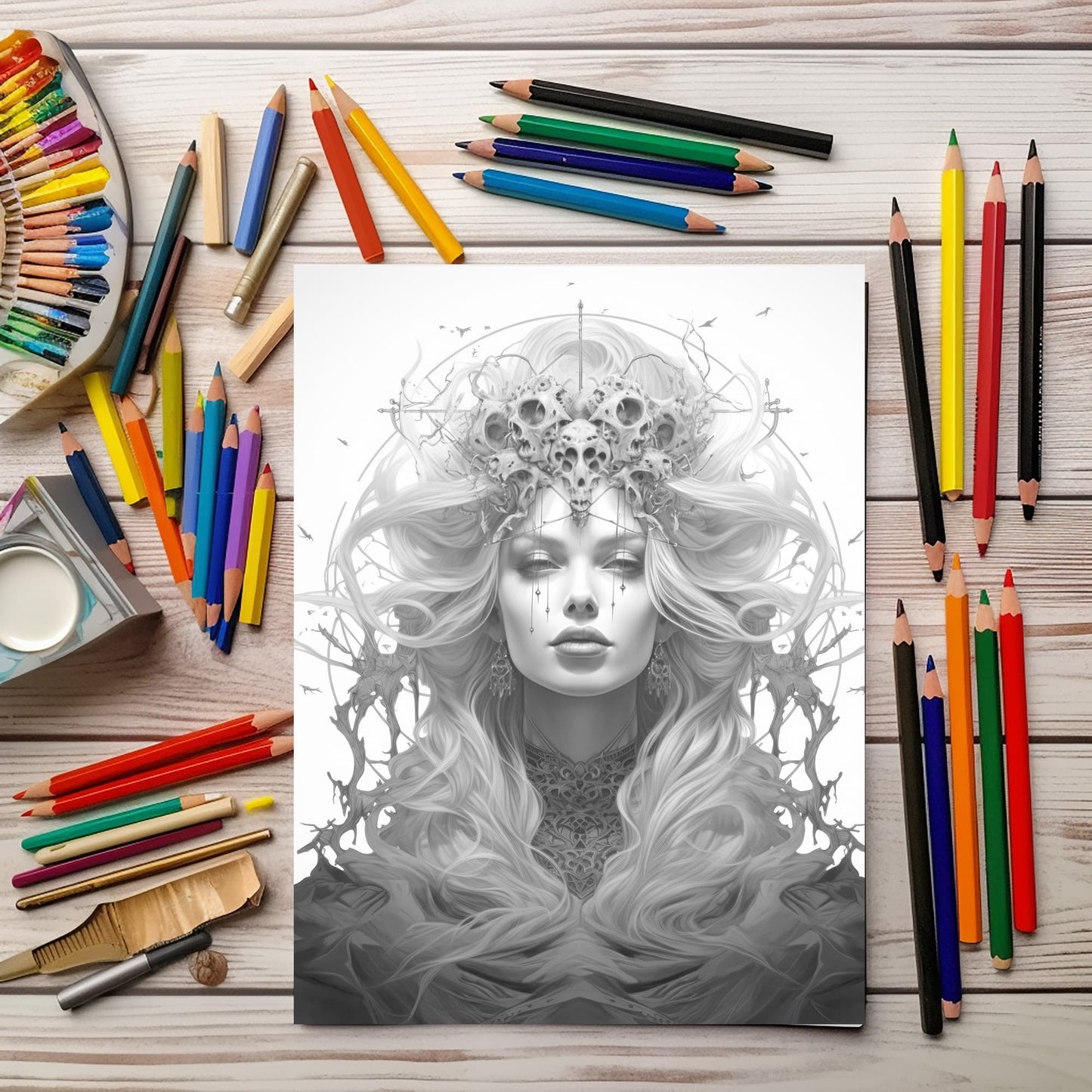 Darkness Into Light - Digital Grayscale Adult Coloring Pages | Deities and Magical Beings | 12 Fantasy images