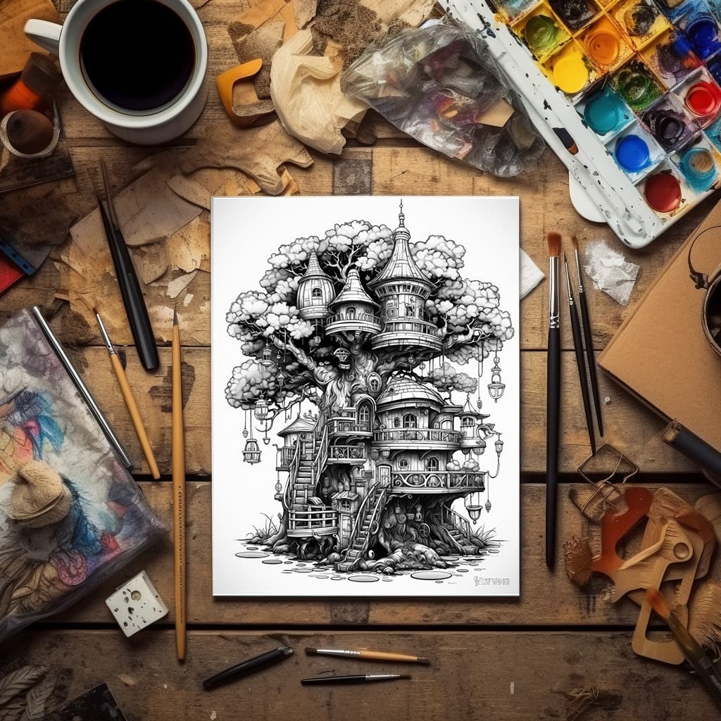 TimberSpire Vol 1 - Digital Grayscale Adult Coloring Book | Magical Treehouse Adventure | 30 Fantasy images