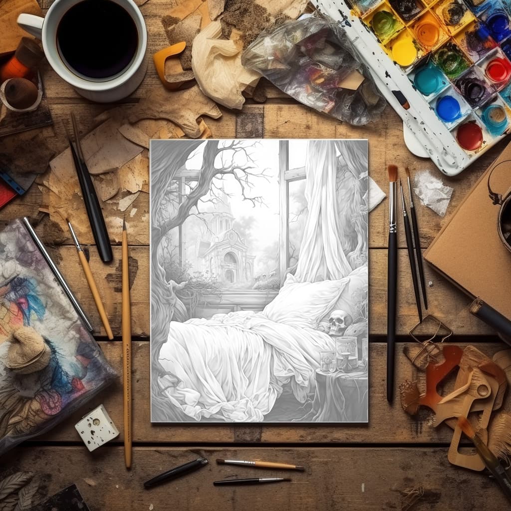 Victorian Nightmares - Digital Grayscale Coloring Book | Haunted Houses | Ghosts | 30 Creepy Scary Images