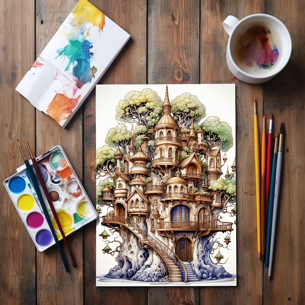 TimberSpire Vol 1 - Digital Grayscale Adult Coloring Book | Magical Treehouse Adventure | 30 Fantasy images