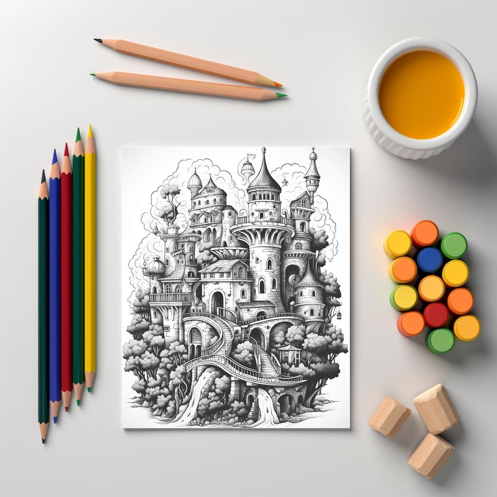 Kingdoms of Wonder Vol 1 | Digital Grayscale Adult Coloring Book | Magical Palace Cities | 30 Fantasy Images