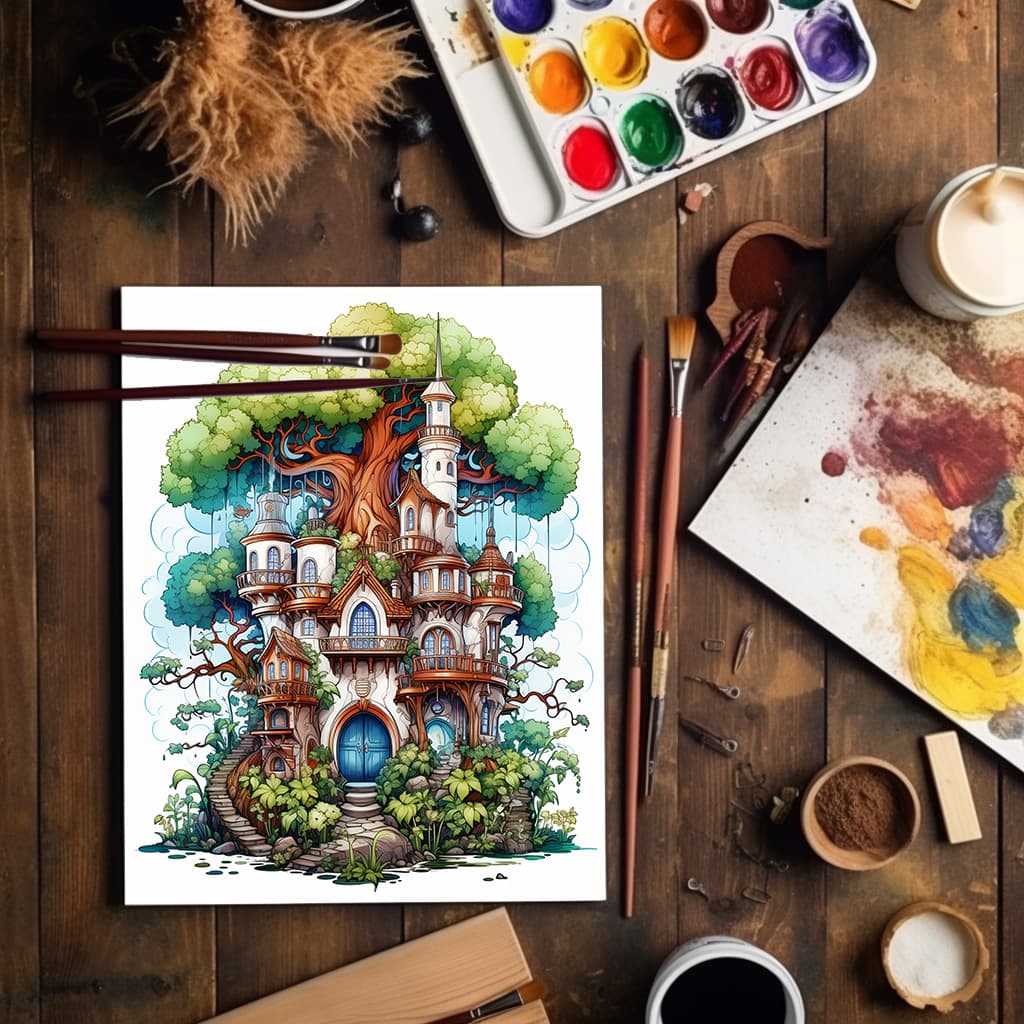 TimberSpire Vol 1 - Digital Grayscale Adult Coloring Book | Magical Treehouse Adventure | 30 Fantasy images