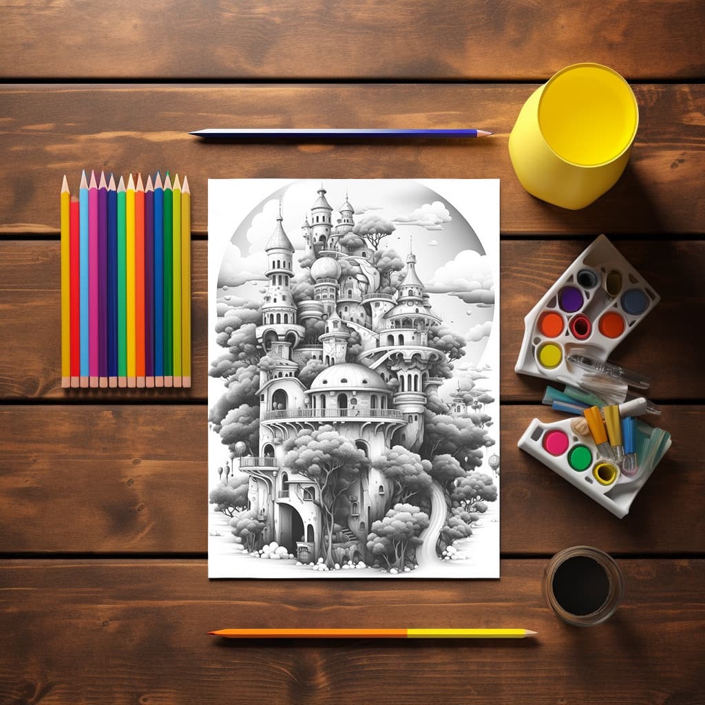 Kingdoms of Wonder Vol 1 | Digital Grayscale Adult Coloring Book | Magical Palace Cities | 30 Fantasy Images