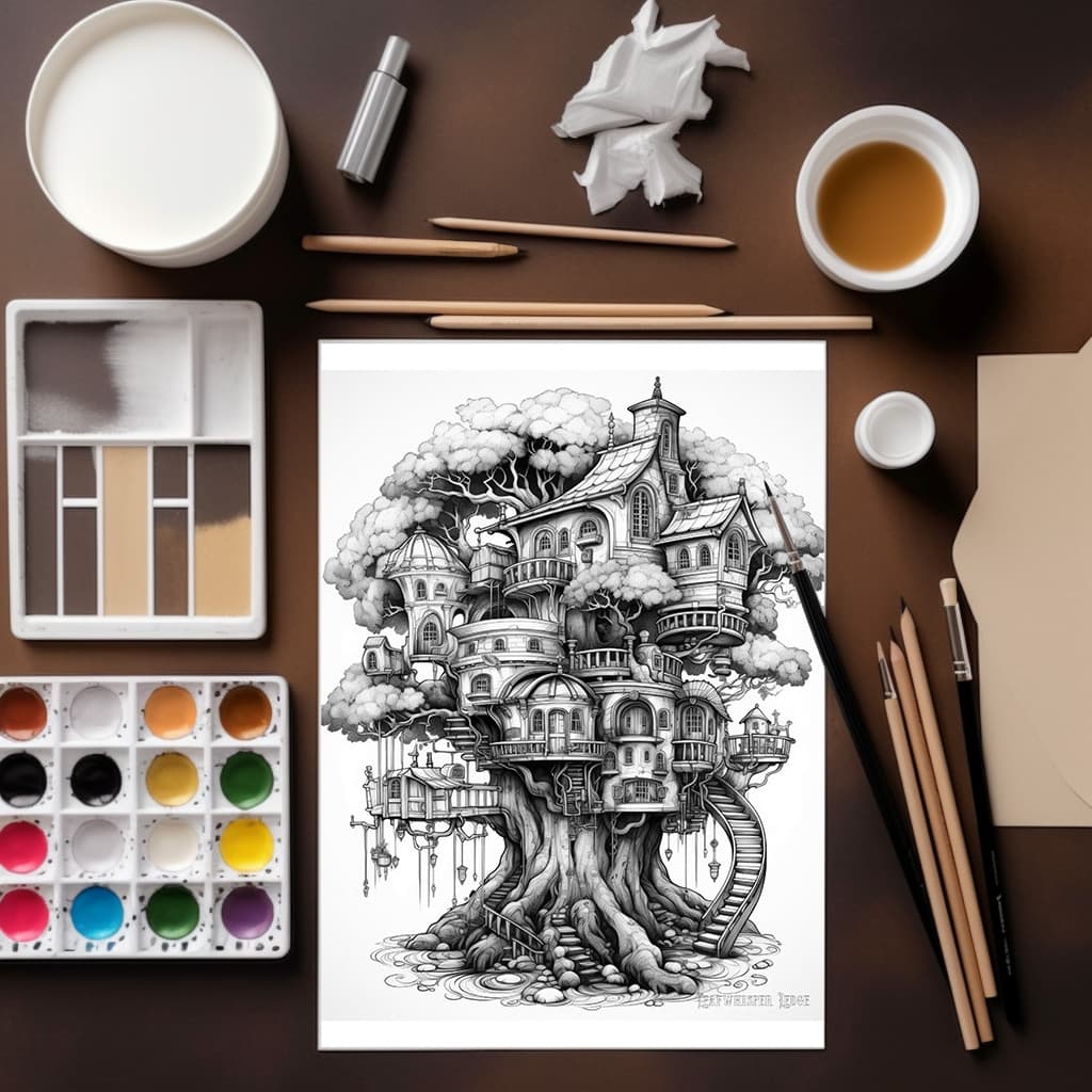 TimberSpire Vol 1 - Digital Grayscale Adult Coloring Book | Magical Treehouse Adventure | 30 Fantasy images