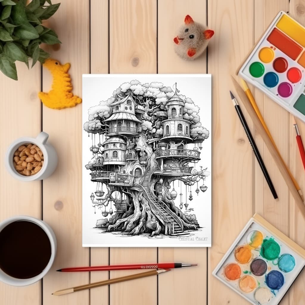 TimberSpire Vol 1 - Digital Grayscale Adult Coloring Book | Magical Treehouse Adventure | 30 Fantasy images