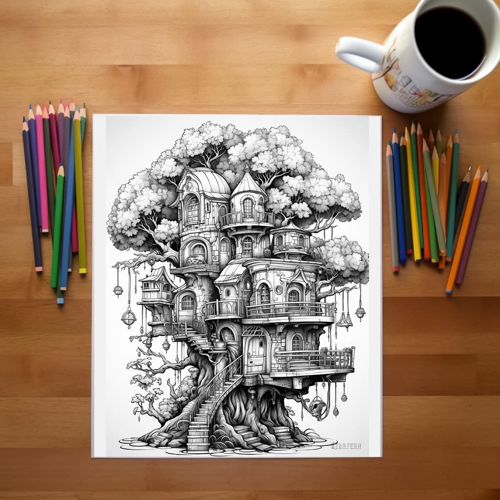 TimberSpire Vol 1 - Digital Grayscale Adult Coloring Book | Magical Treehouse Adventure | 30 Fantasy images