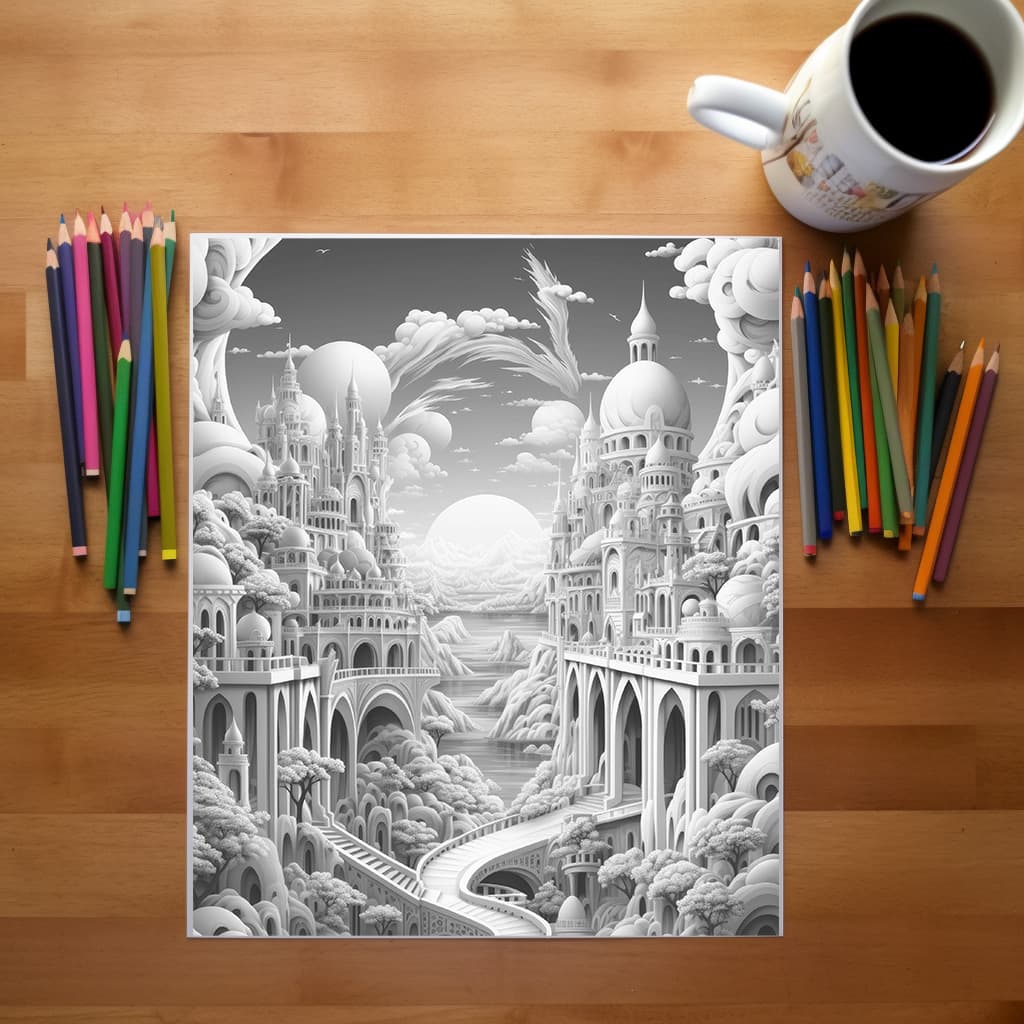 Kingdoms of Wonder Vol 1 | Digital Grayscale Adult Coloring Book | Magical Palace Cities | 30 Fantasy Images