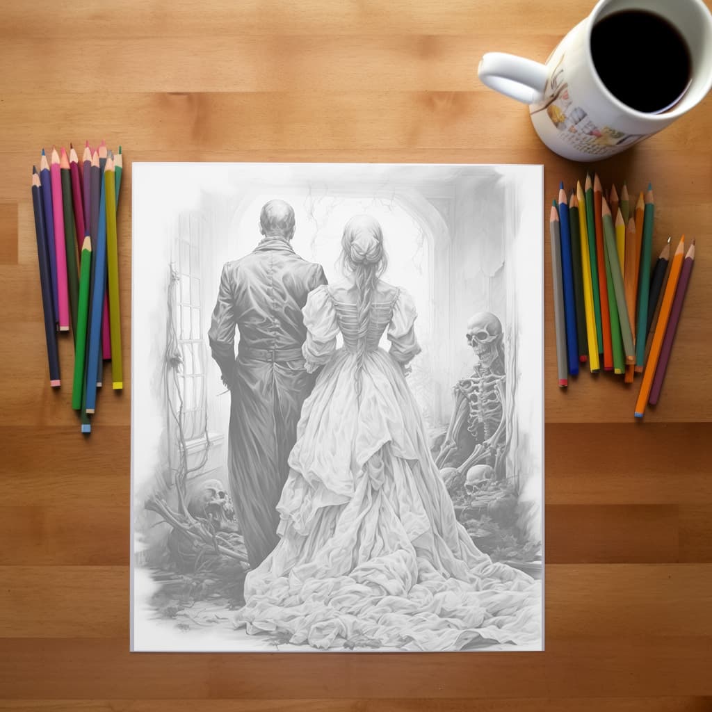 Victorian Nightmares - Digital Grayscale Coloring Book | Haunted Houses | Ghosts | 30 Creepy Scary Images