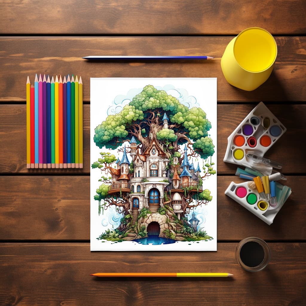TimberSpire Vol 1 - Digital Grayscale Adult Coloring Book | Magical Treehouse Adventure | 30 Fantasy images