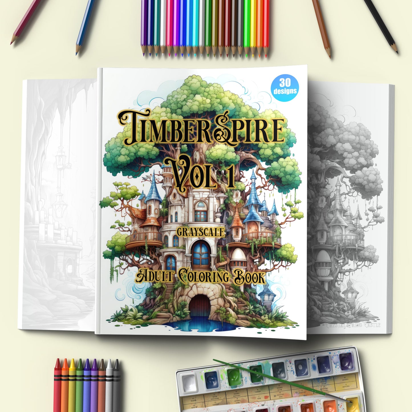 TimberSpire Vol 1 - Digital Grayscale Adult Coloring Book | Magical Treehouse Adventure | 30 Fantasy images