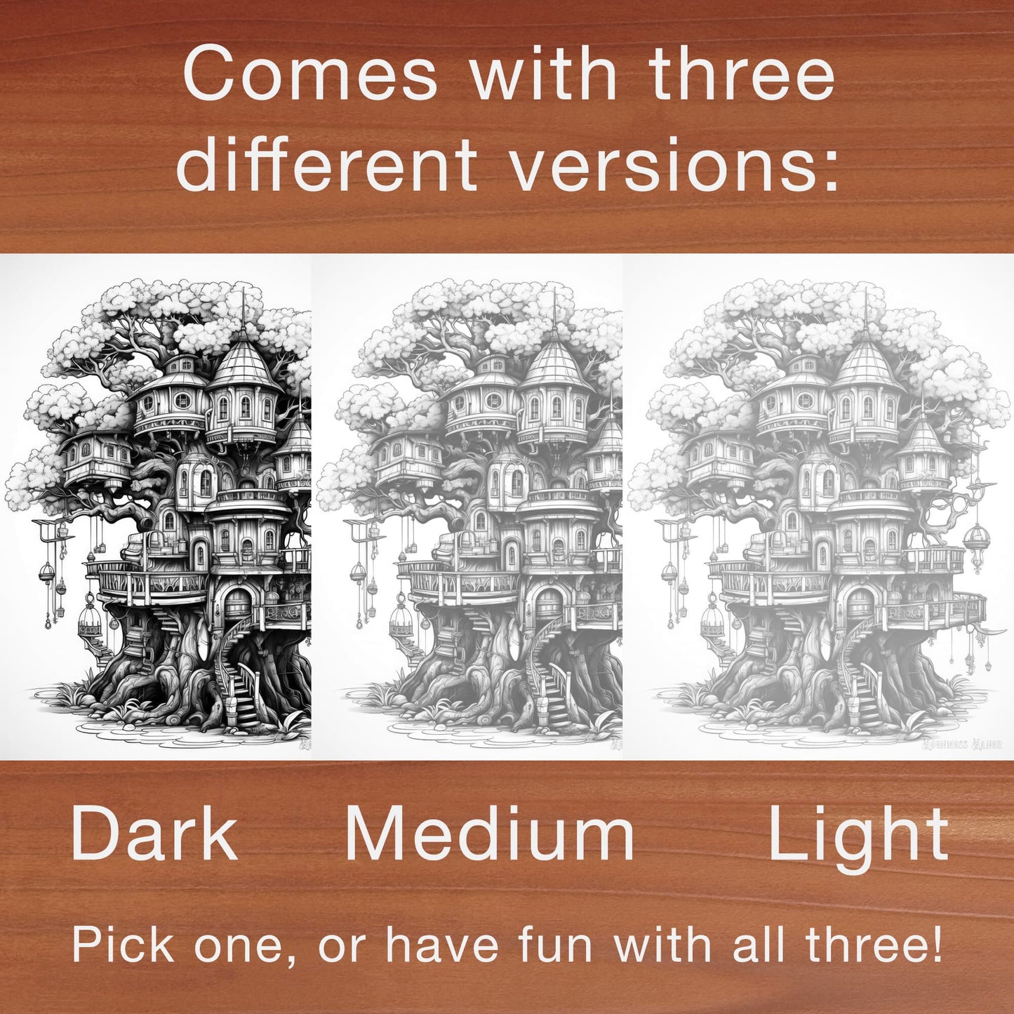 TimberSpire Vol 1 - Digital Grayscale Adult Coloring Book | Magical Treehouse Adventure | 30 Fantasy images