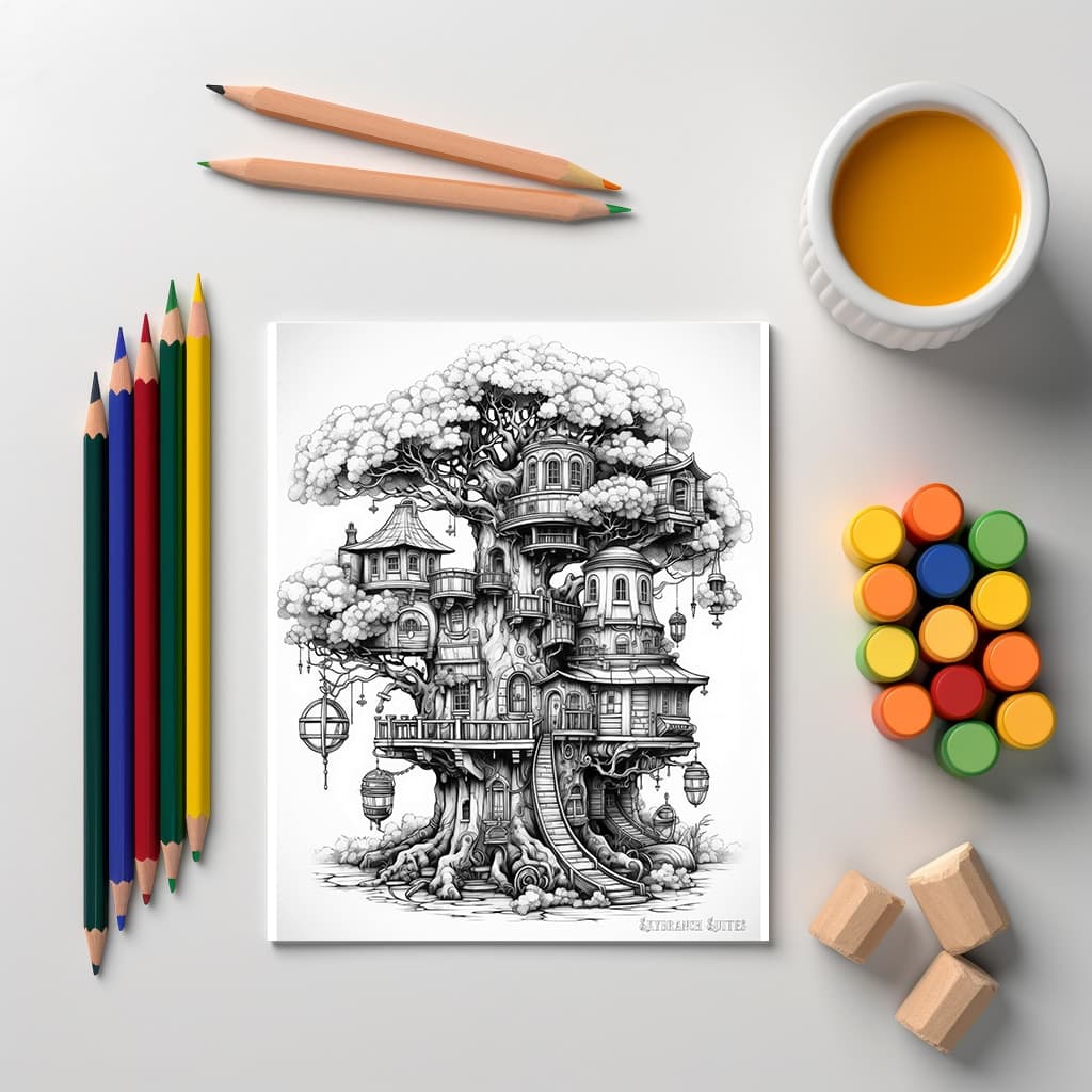 TimberSpire Vol 1 - Digital Grayscale Adult Coloring Book | Magical Treehouse Adventure | 30 Fantasy images