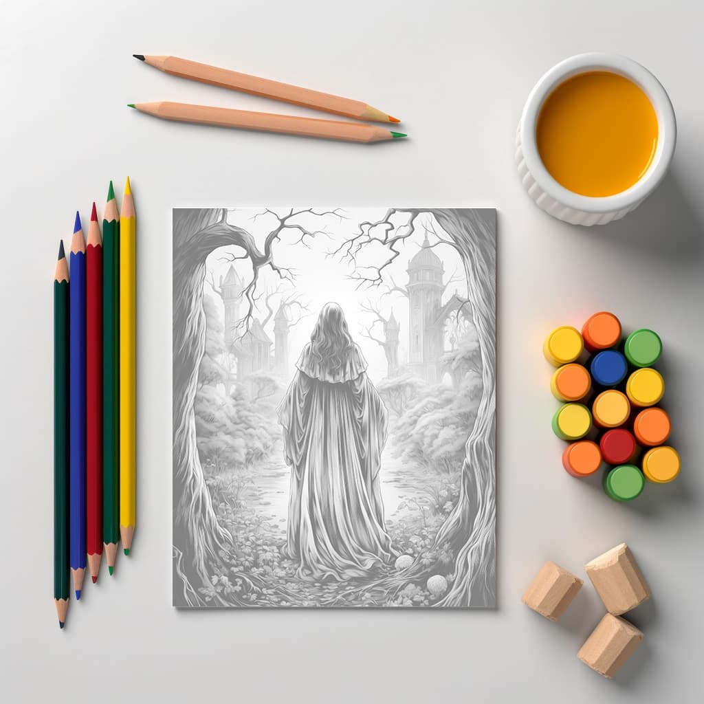Victorian Nightmares - Digital Grayscale Coloring Book | Haunted Houses | Ghosts | 30 Creepy Scary Images