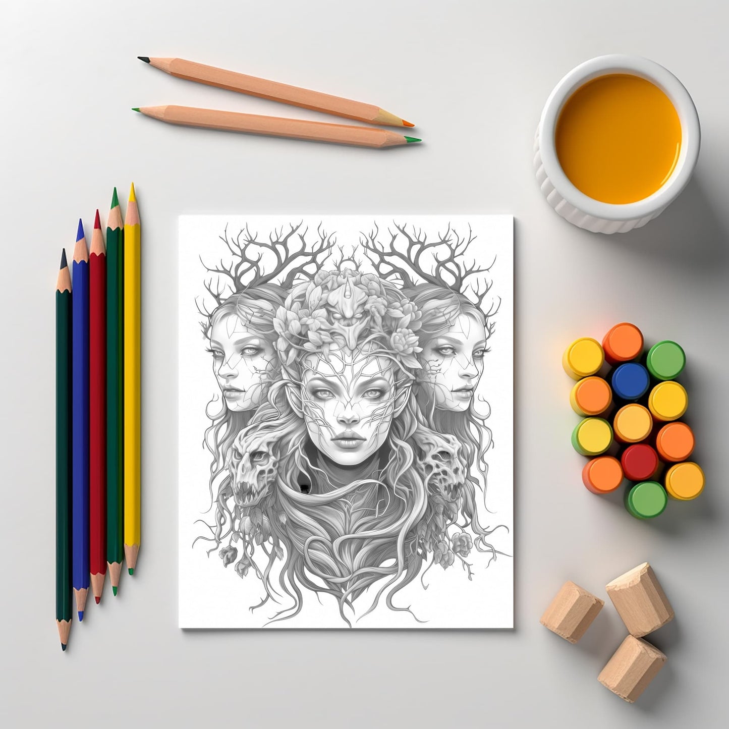 Darkness Into Light - Digital Grayscale Adult Coloring Pages | Deities and Magical Beings | 12 Fantasy images