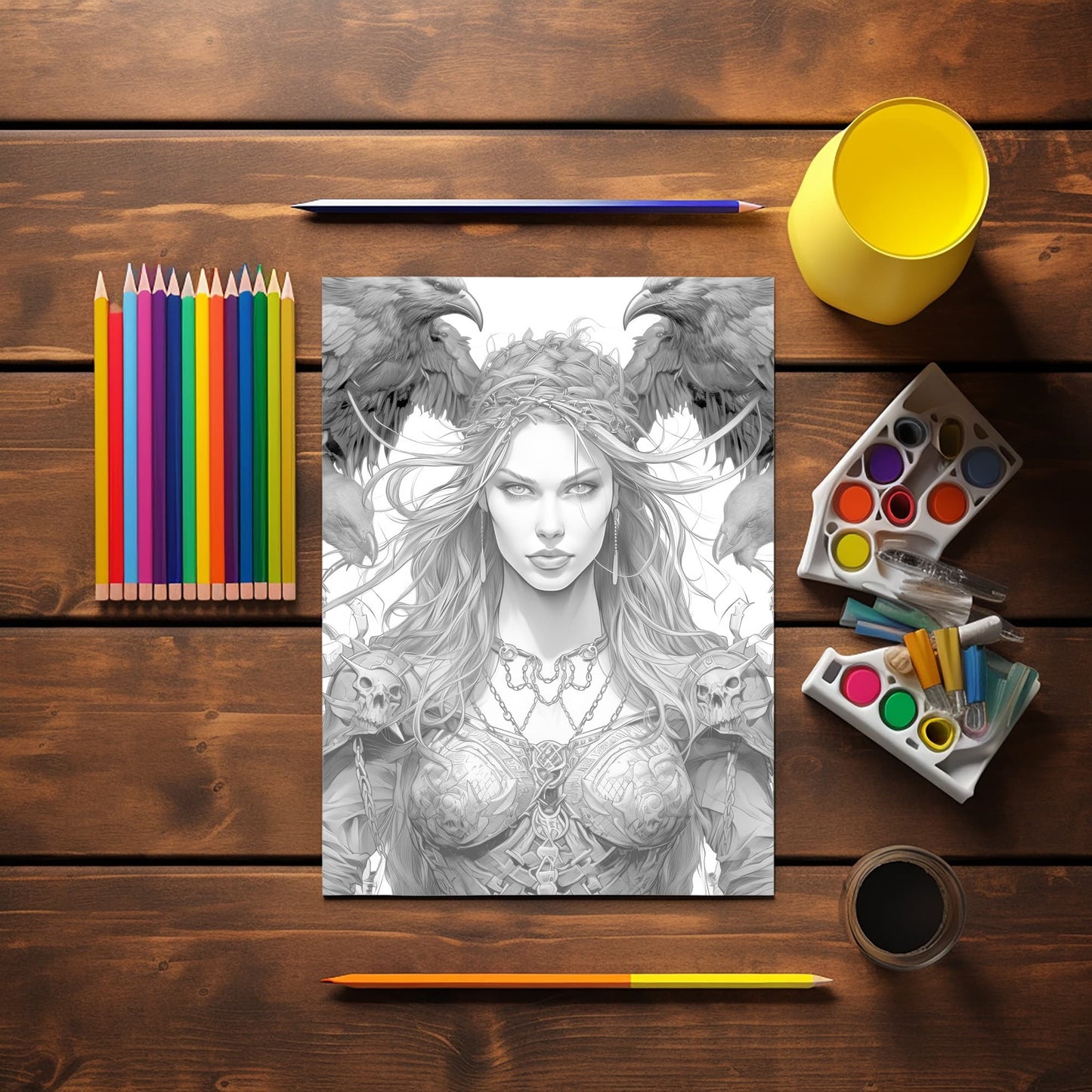 Darkness Into Light - Digital Grayscale Adult Coloring Pages | Deities and Magical Beings | 12 Fantasy images