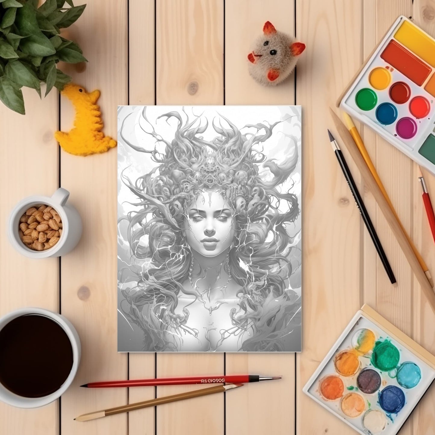 Darkness Into Light - Digital Grayscale Adult Coloring Pages | Deities and Magical Beings | 12 Fantasy images